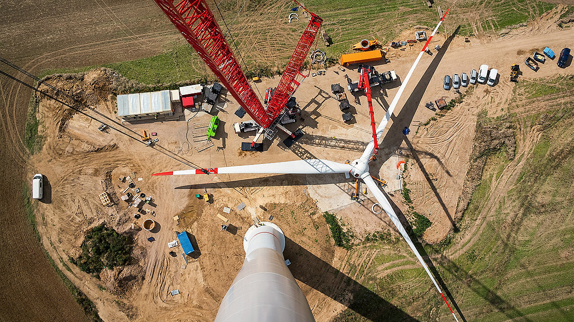 Rotor blades of a wind turbine ready to be assembled, aerial view