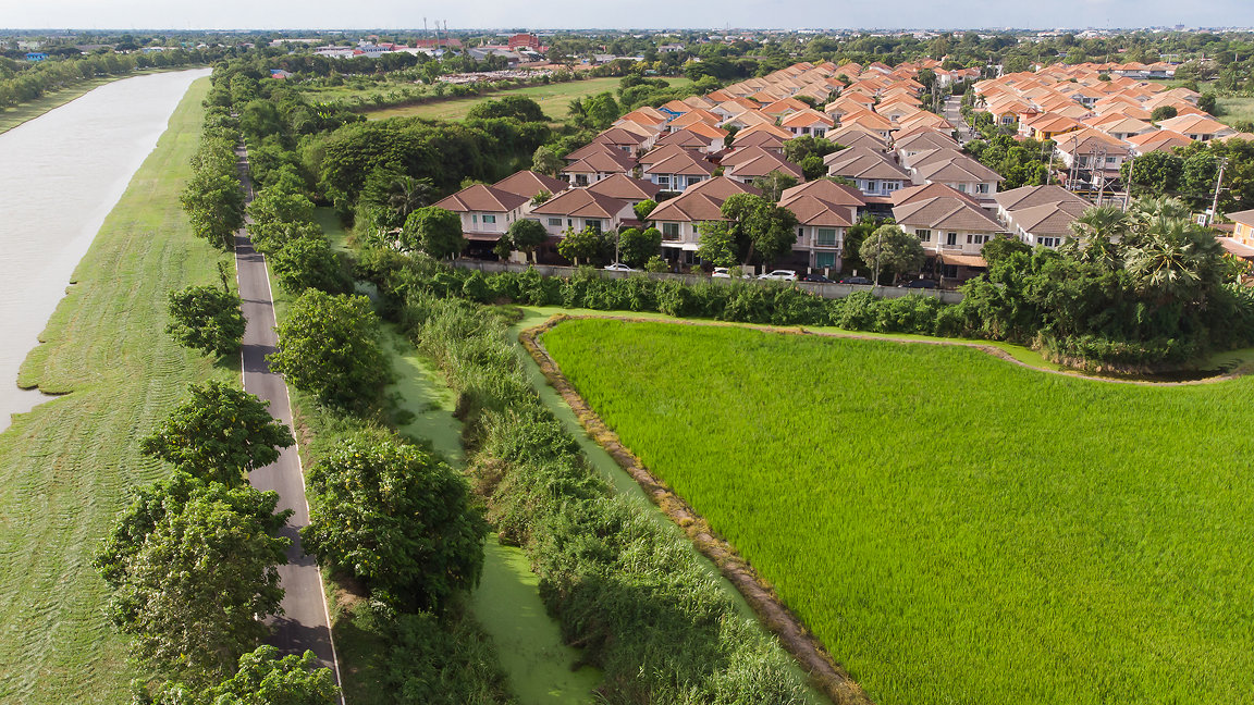 Aerial view of green field near housing