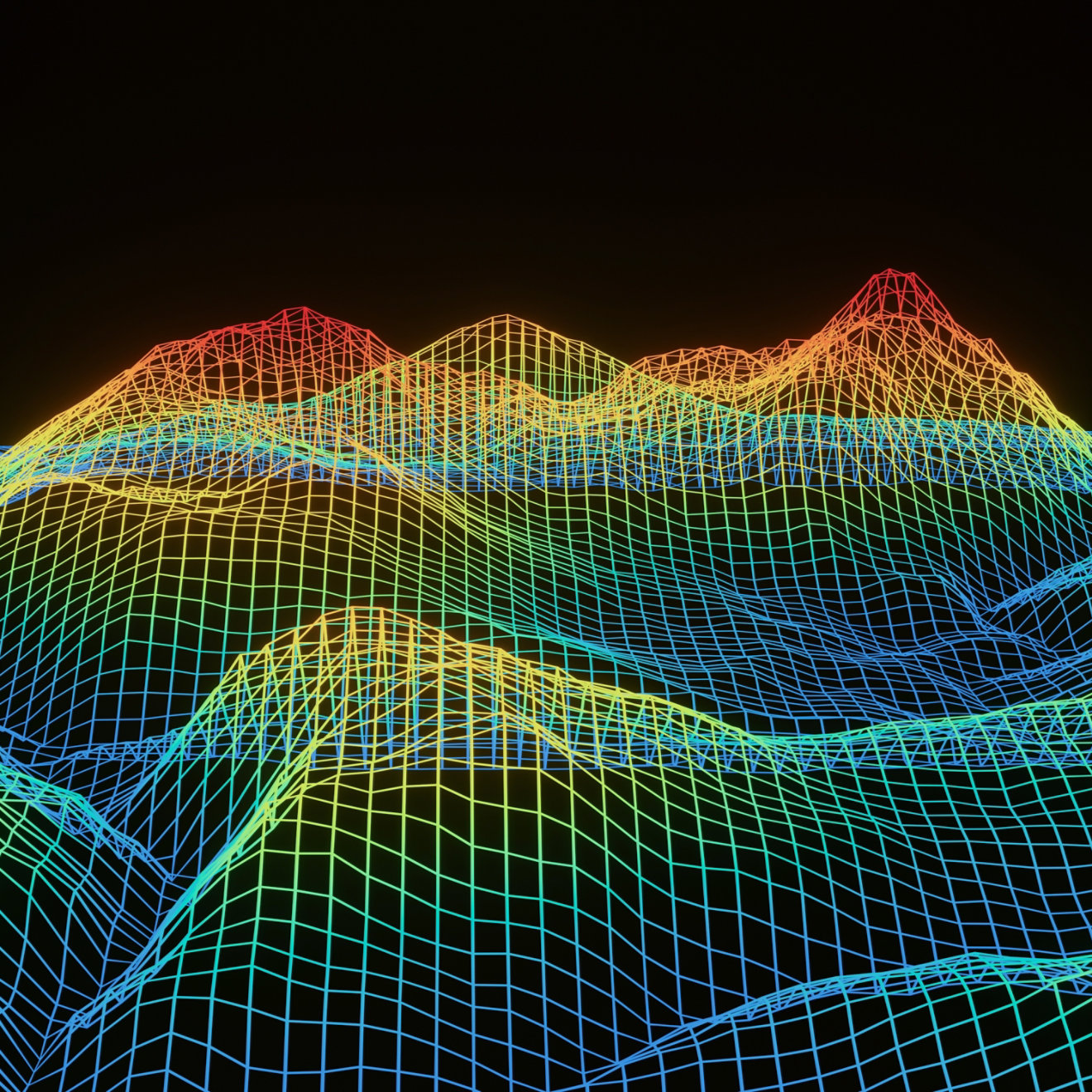 3D render gradient neon grid terrain.