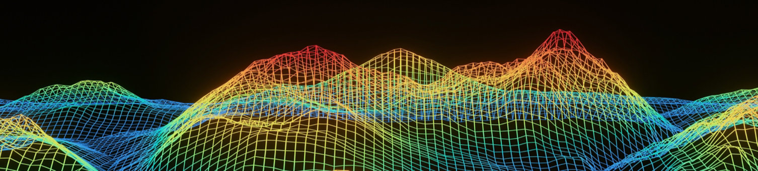 3D render gradient neon grid terrain.