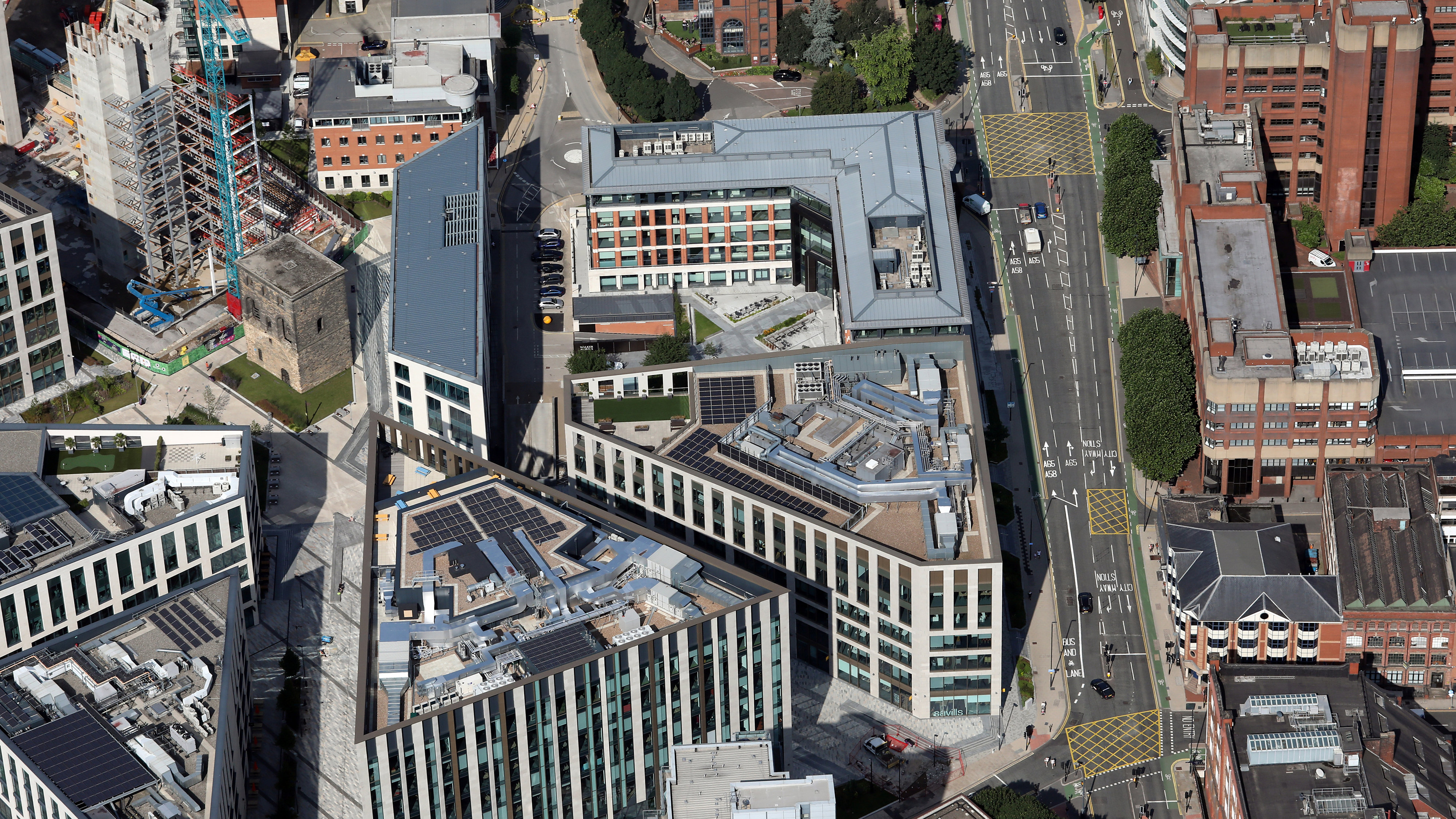 Aerial view of UK office buildings