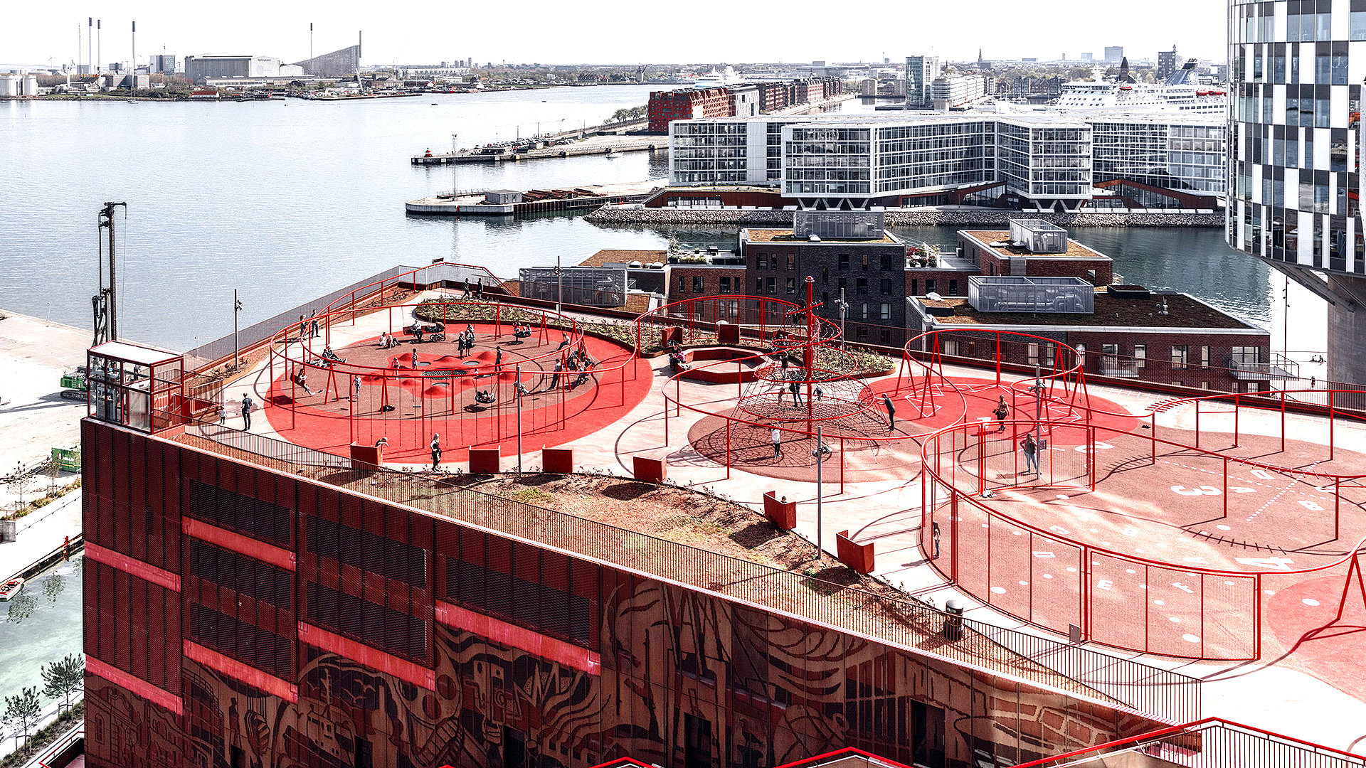 Playground on top of a car park overlooking a harbour