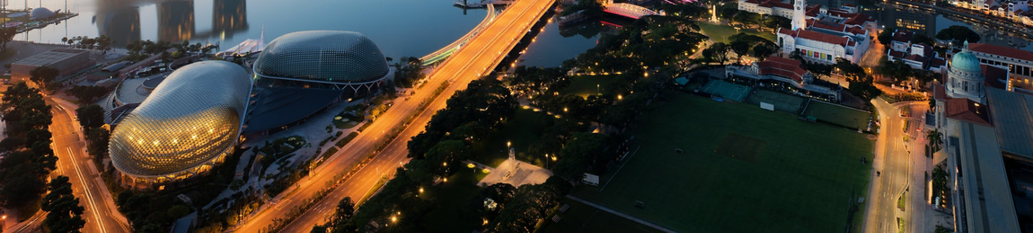 Aerial view of Singapore business district and city at twilight in Singapore, Asia