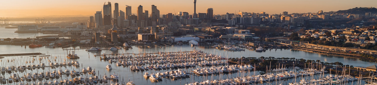 Auckland harbor and marina at golden hour, Sky Tower visible