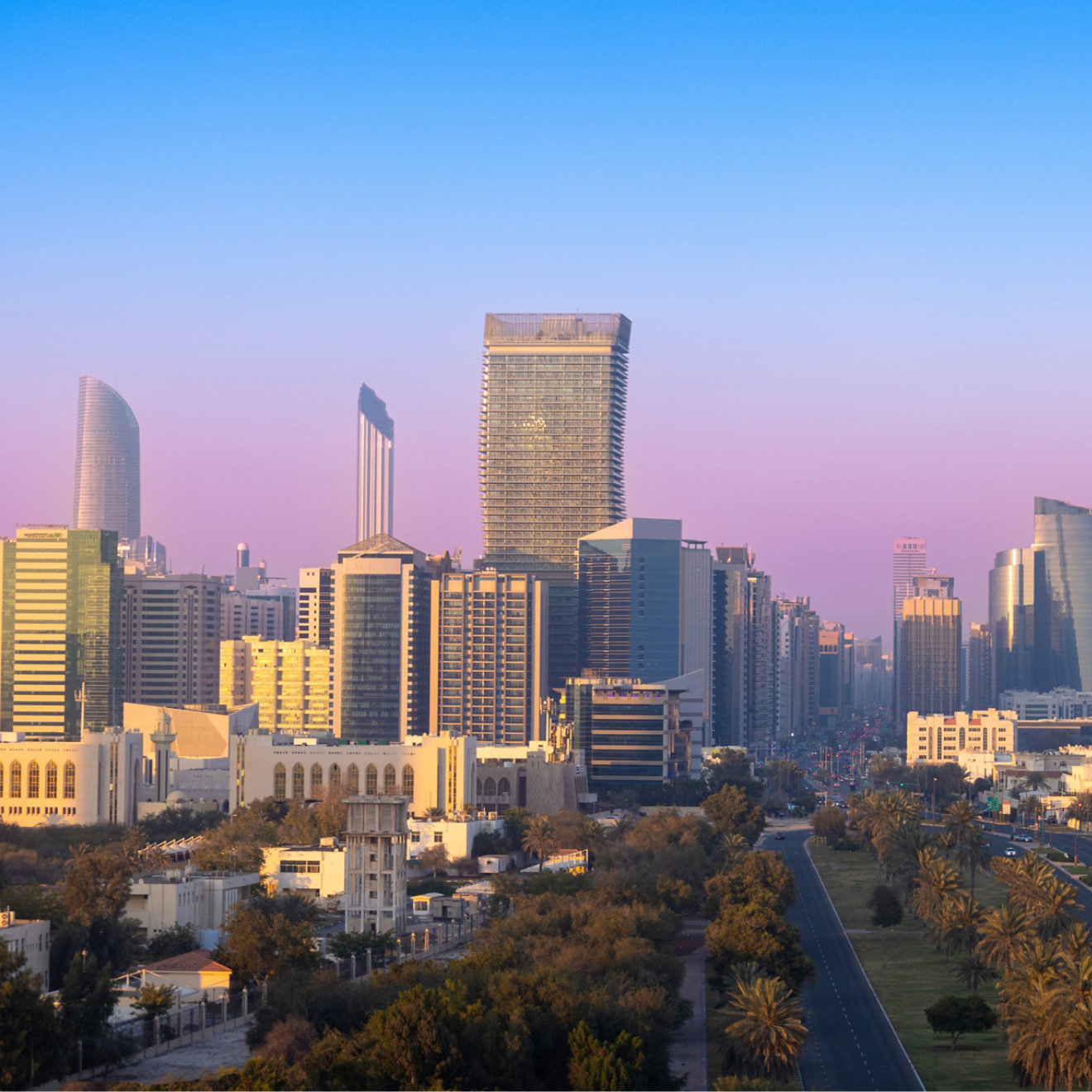 UAE, United Arab Emirates, Abu Dhabi downtown panorama and financial center skyline.