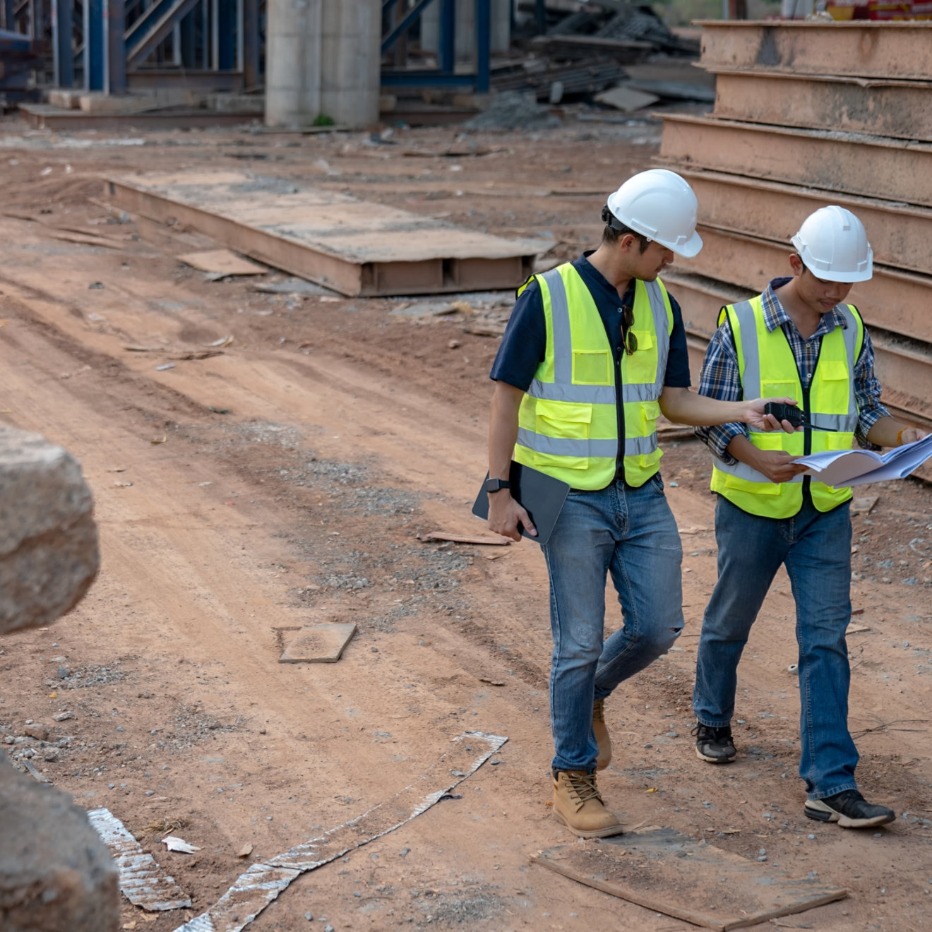 Road construction supervision team Civil engineers work at road construction sites to supervise new road construction and inspect road construction sites.