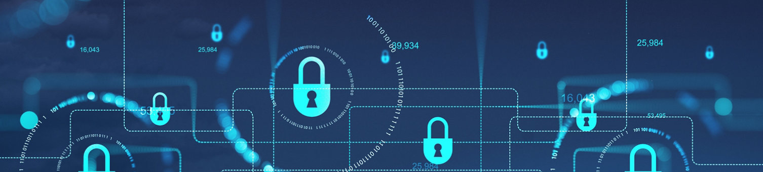 Security lock chain and binary hologram, double exposure, New York skyscrapers at night. Cyberattack, cybersecurity. Concept of business data privacy