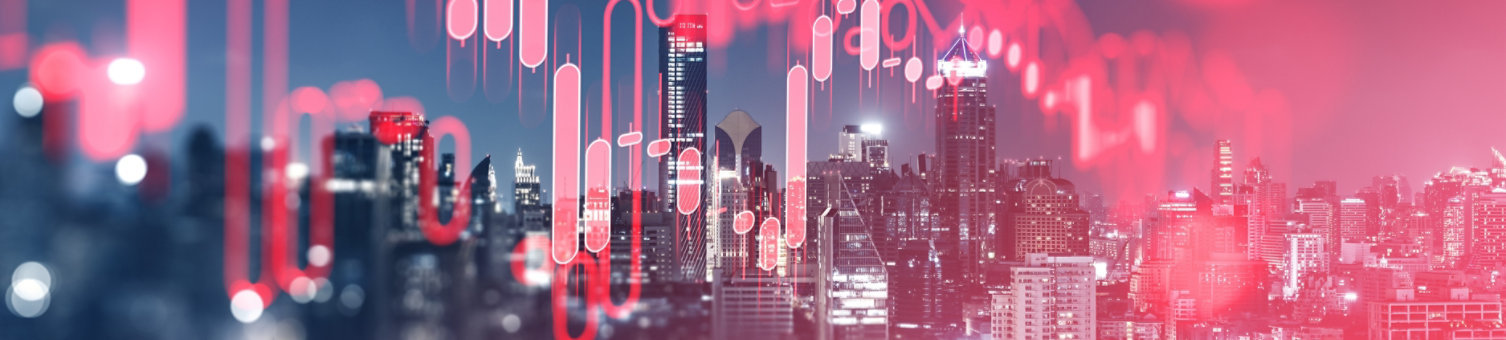 Financial graph with a red falling trend line overlay on a cityscape background, symbolizing a market downturn and financial crisis