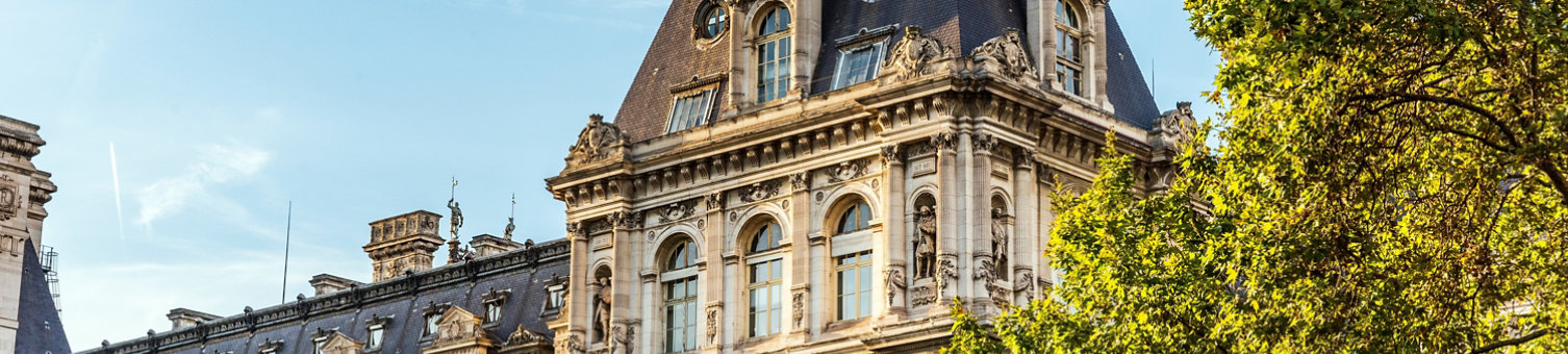 External view of the Hôtel de Ville, city hall of Paris, rebuilt in 19th century in French Renaissance style, with statue of provost Étienne Marcel, Paris city center, France