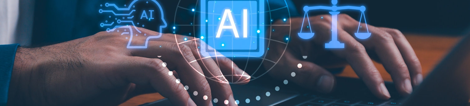 Hands typing on a keyboard with AI graphics