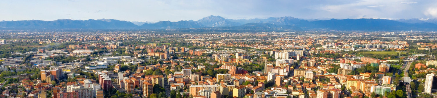 Aerial view of the city of Cologno Monzese on the outskirts of Milan, Italy. It is a residential area.