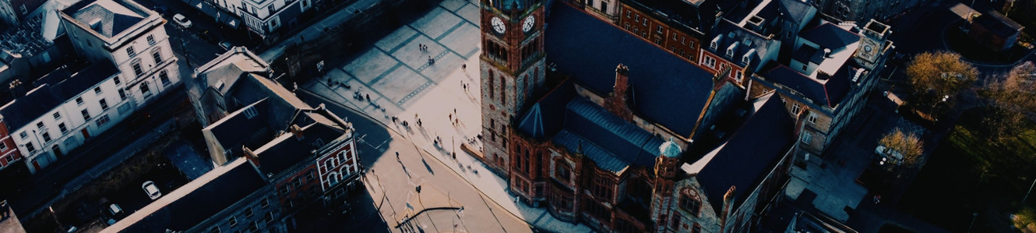 aerial image of the guildhall plus guildhall square in derry londonderry, northern ireland