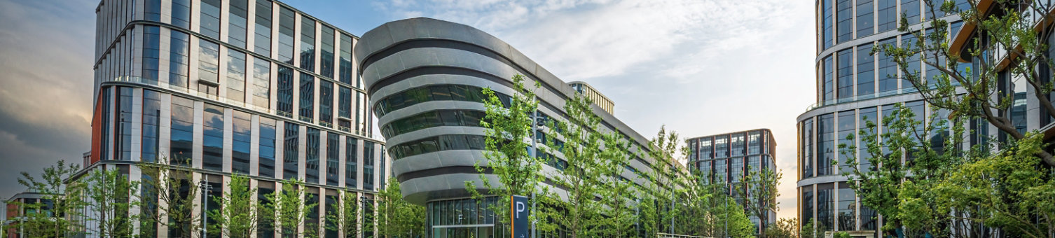 A skyline of glass high-rise buildings