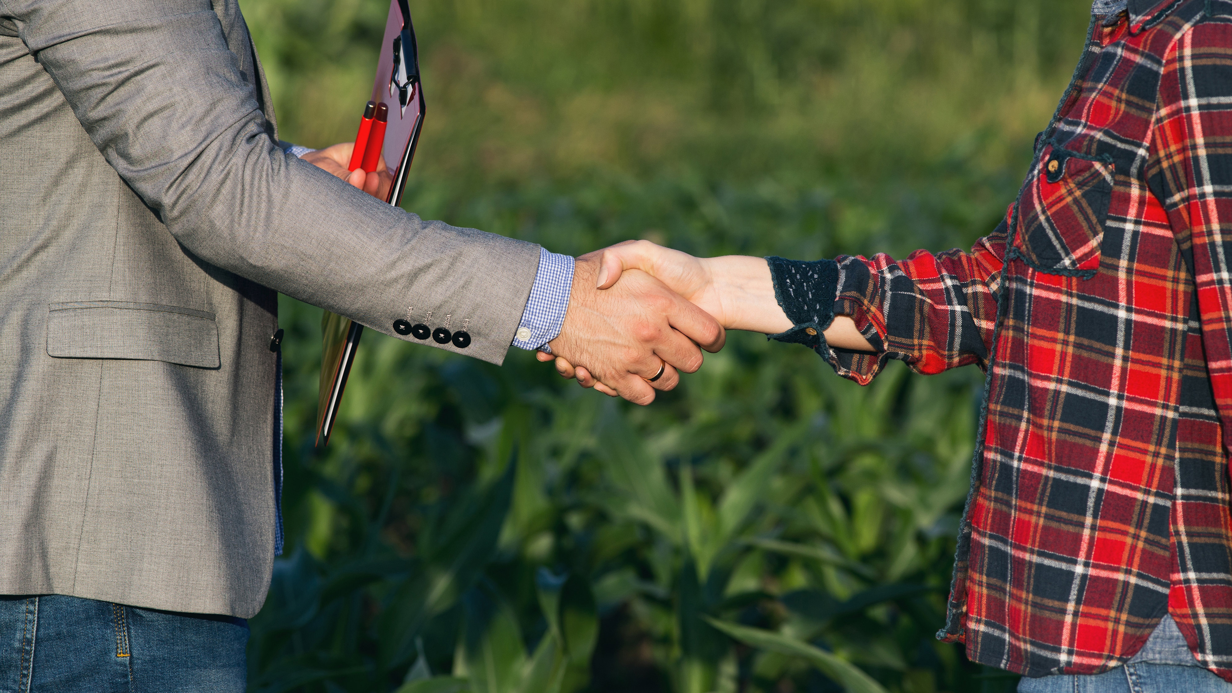 Woman farmer shaking hands with business person