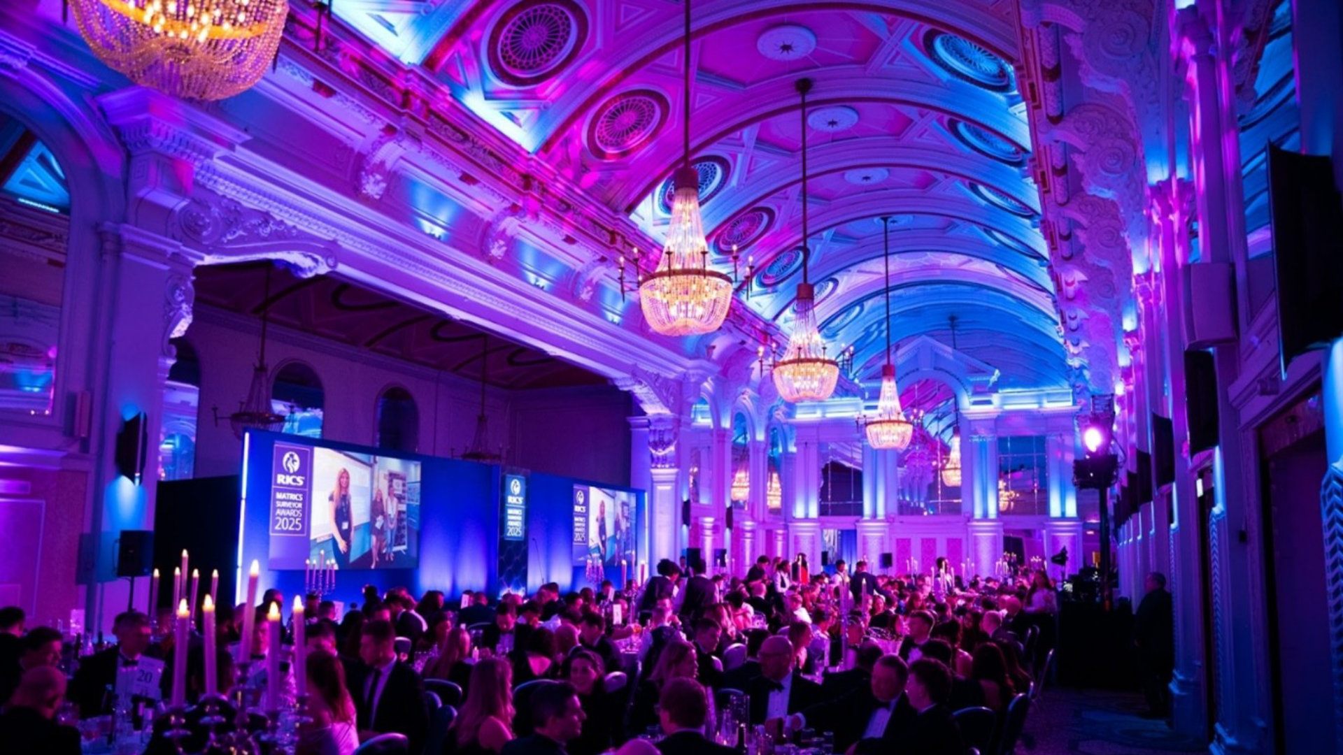 Purple lit room from a previous ceremony