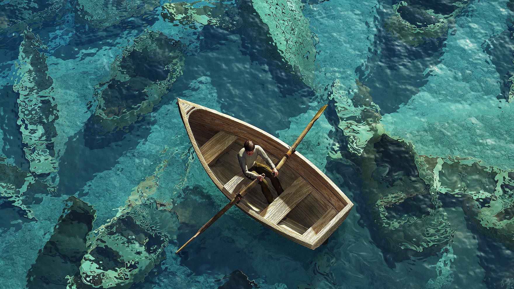 Boat rowing over sunken boats at sea