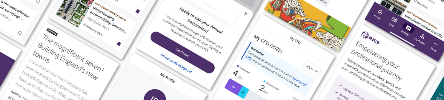 Screenshots of the RICS Member App showing different tasks in process