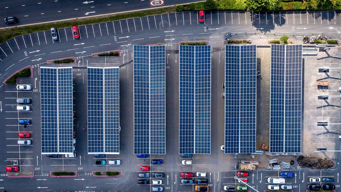 Aerial photo of solar carports at the Metrocentre shopping centre in Gateshead, England.