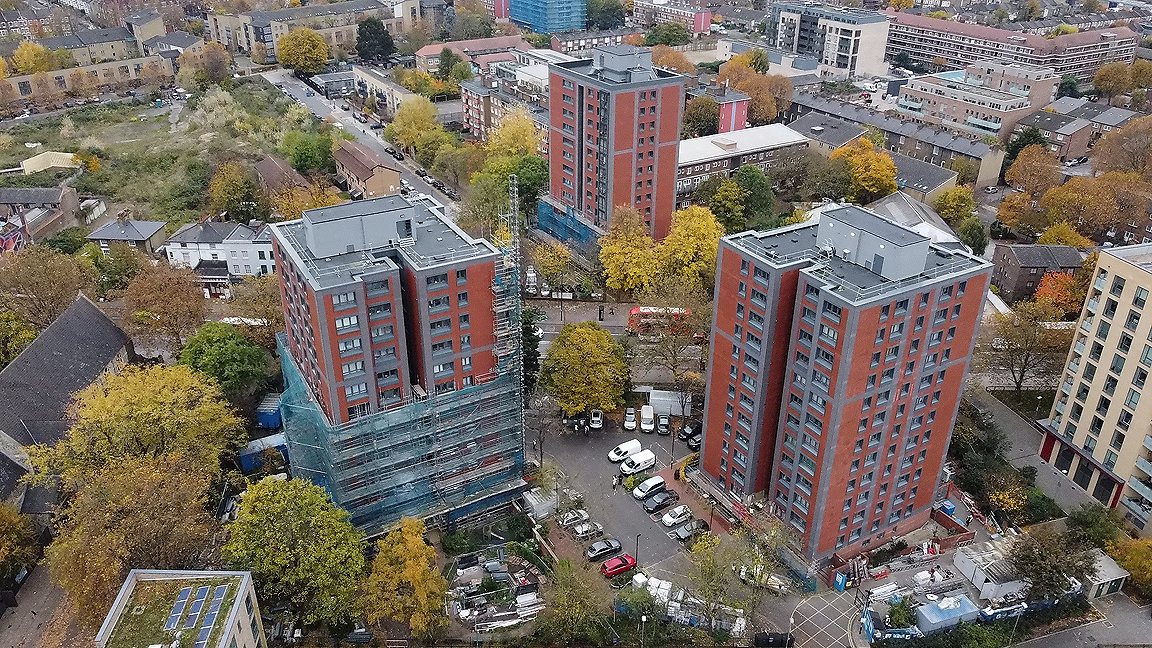 Aerial view of Hatfield Close and Gerrard House blocks in Lewisham