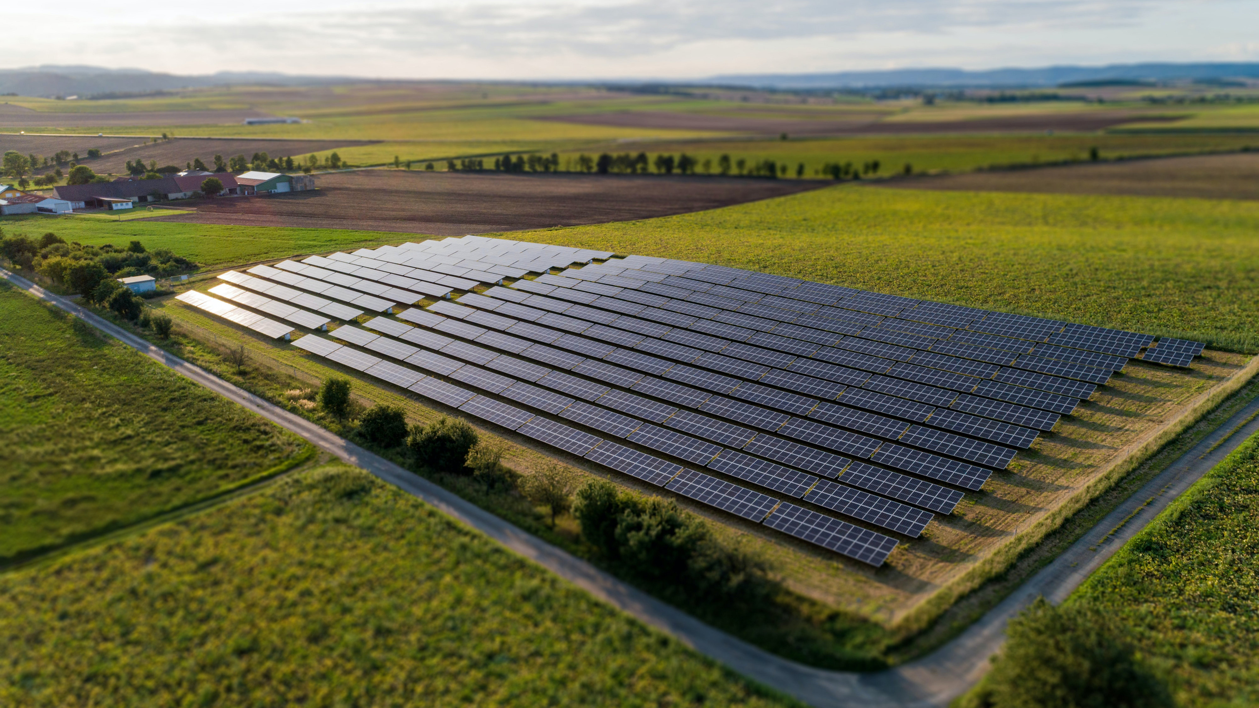 Solar powered panels on the ground in a field