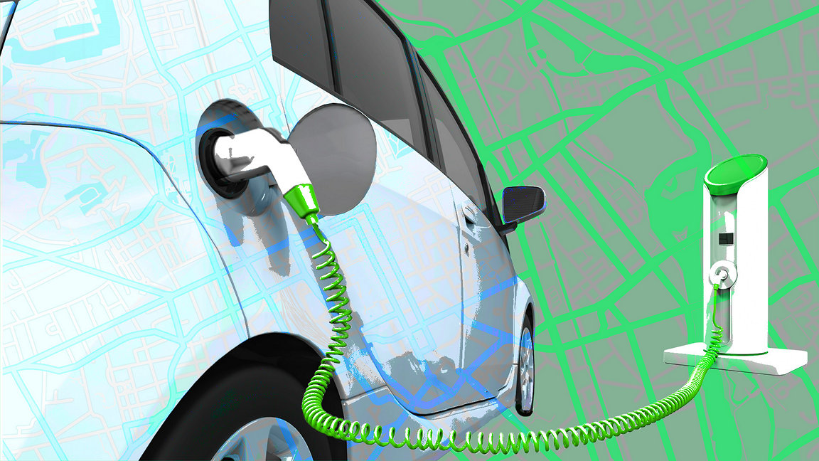 Blue and green road map overlaid onto electric car