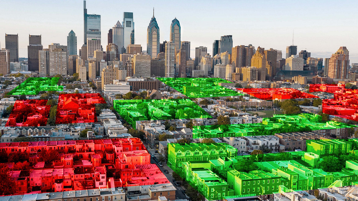 Skyline of American city with red and green highlighted areas