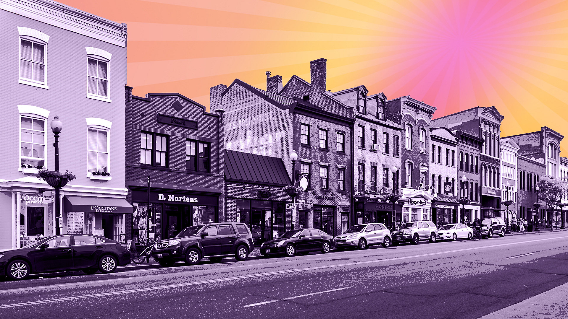 Purple toned American high street with sunrise illustrated sky