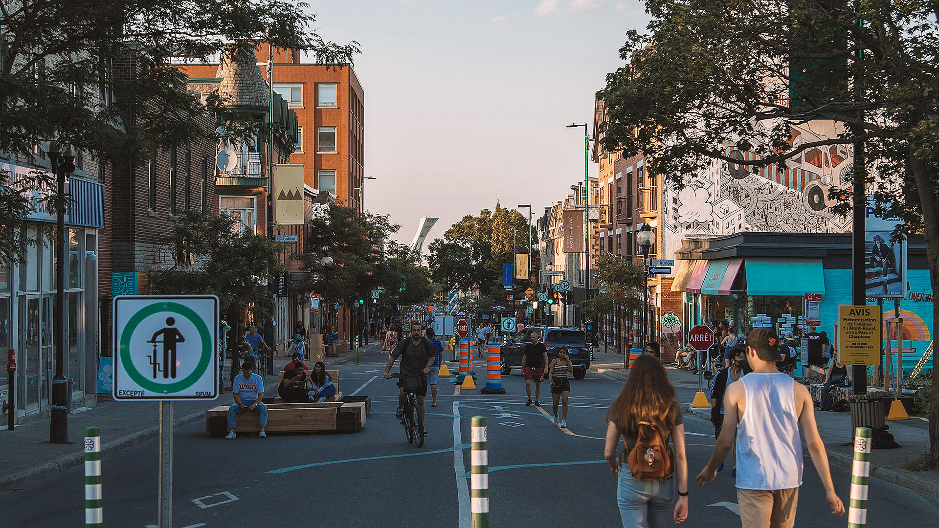 People walking down pedestrianised street in Montreal