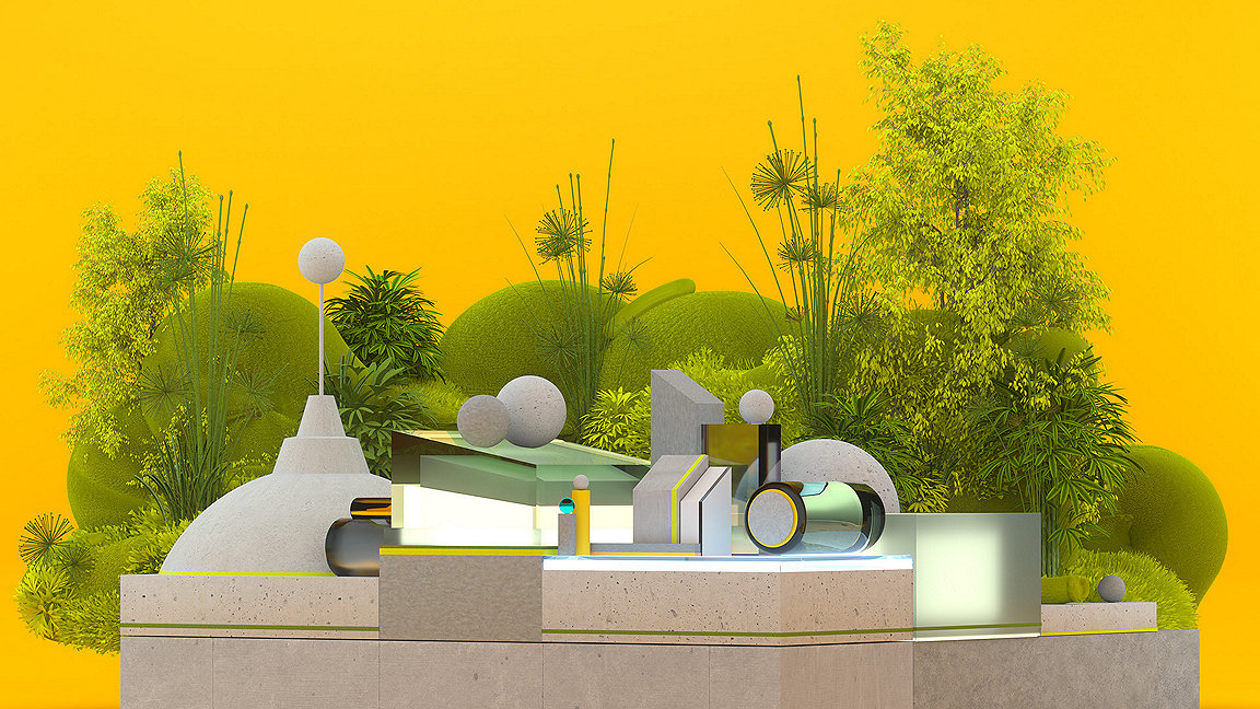 CGI illustration of blocks made up of different materials, greenery in background