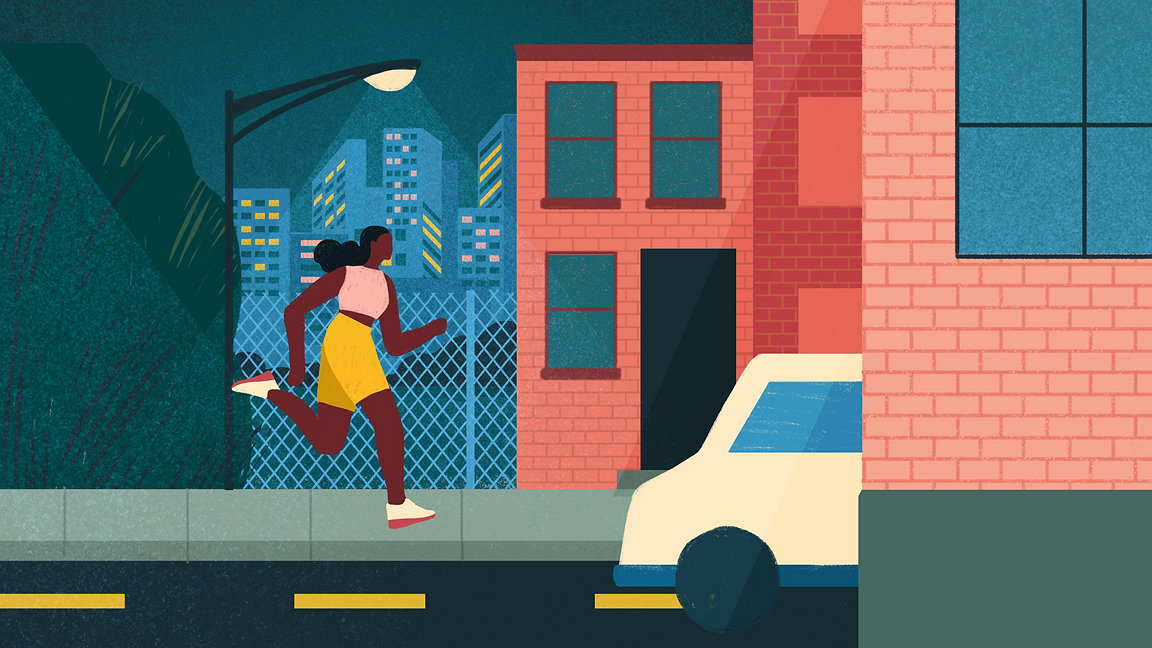 Illustration of a girl running down a street at night