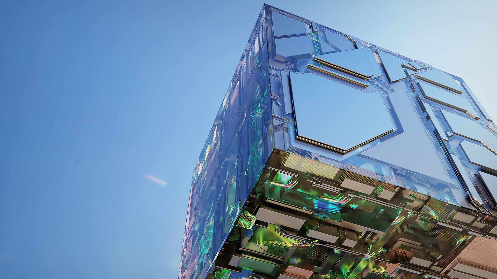 Looking up at block made from computer chips