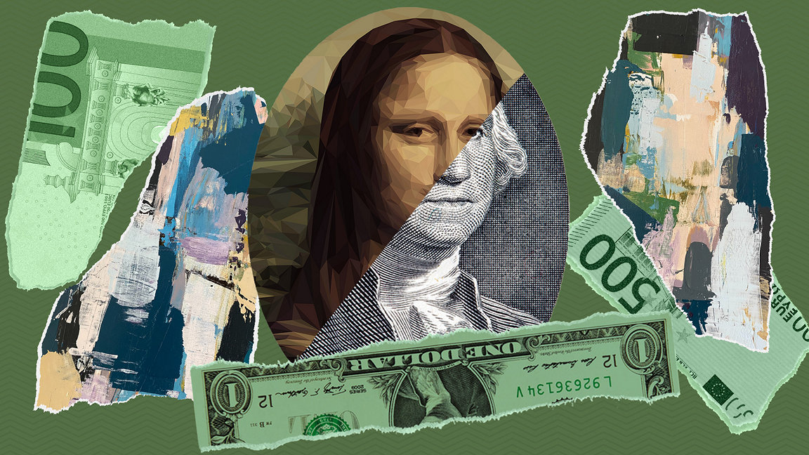 Split image of Mona Lisa and George Washington mixed with ripped bank notes and paintings