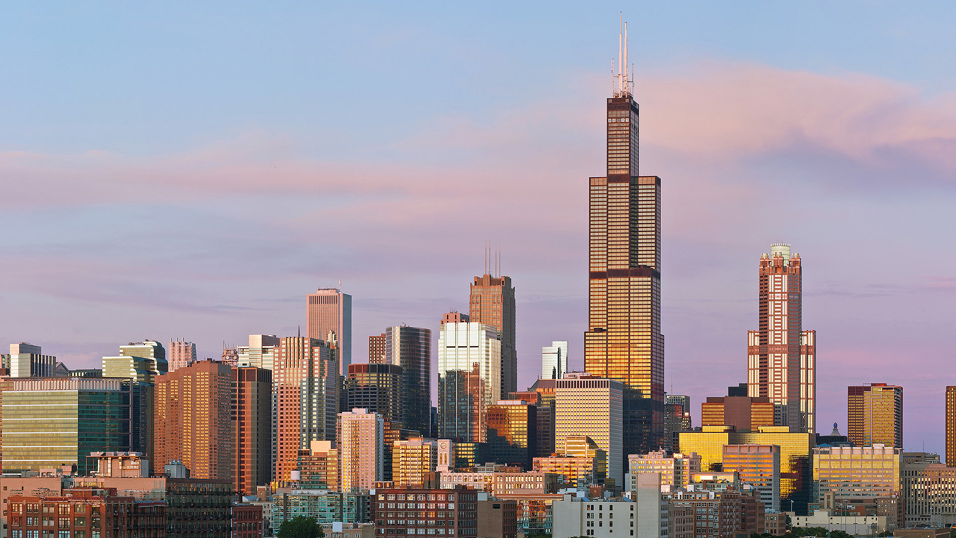 Chicago skyline at sunset