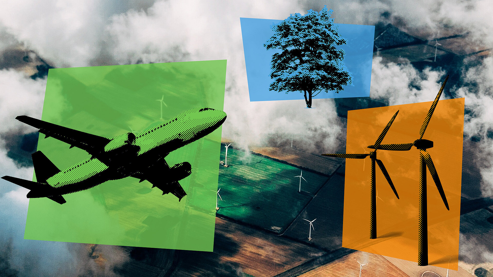 Aerial view of clouds above fields with wind turbines