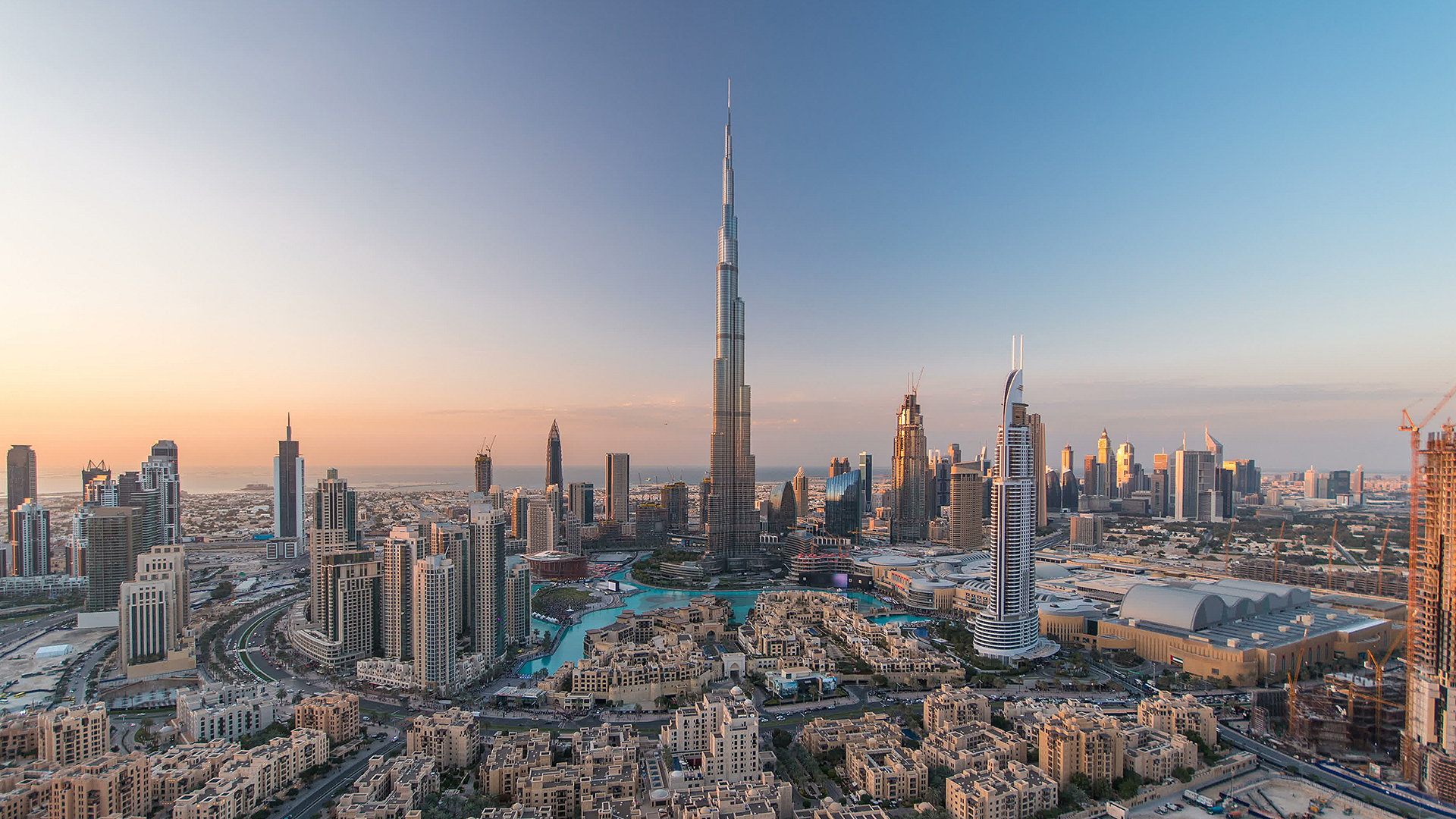 Skyline of Dubai at sunrise