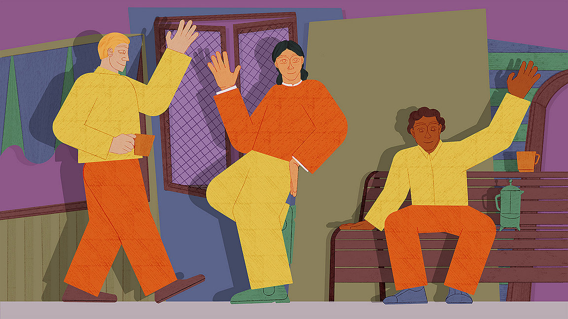 Illustration of three people waving whilst working on a street