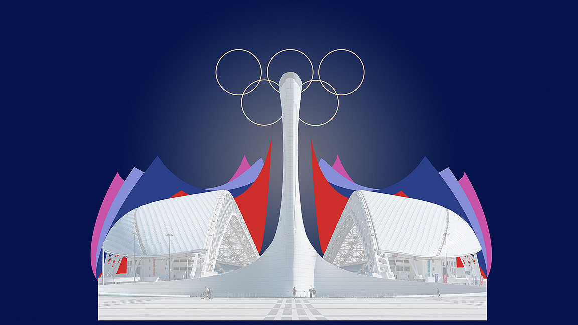 Sochi Fisht Stadium sits in front of pointed shapes and Olympic rings on navy background