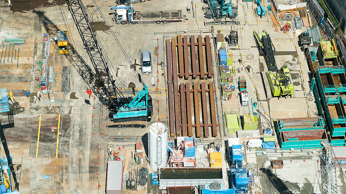 Overhead picture of crane on construction site