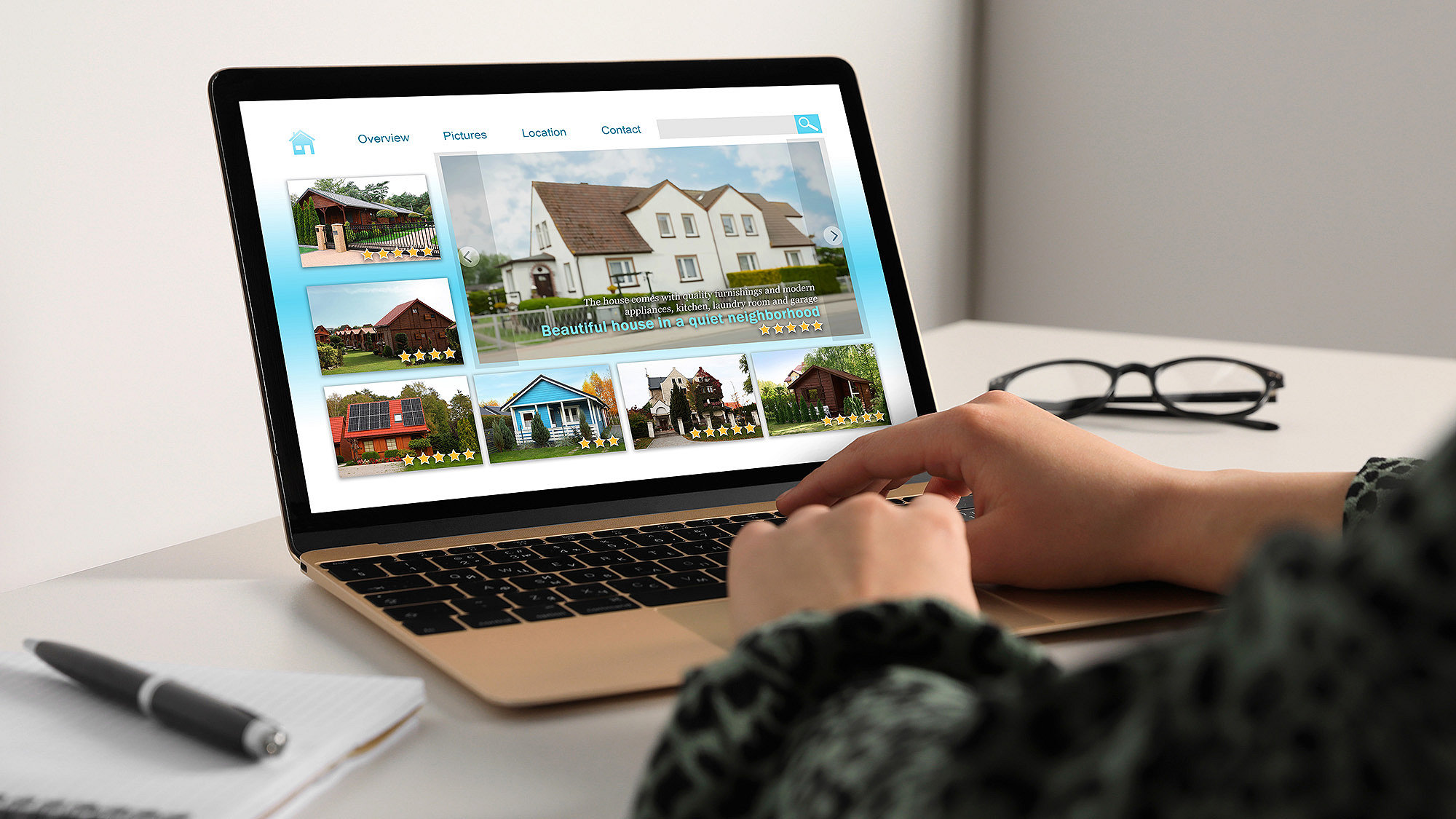 Photo of a woman navigating a property website on a laptop 