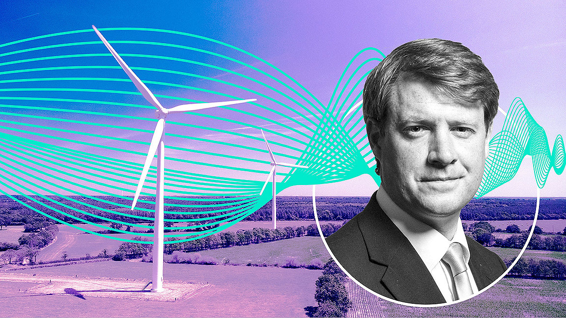 Two wind turbines in a field with an audio wave running through and a headshot of chris