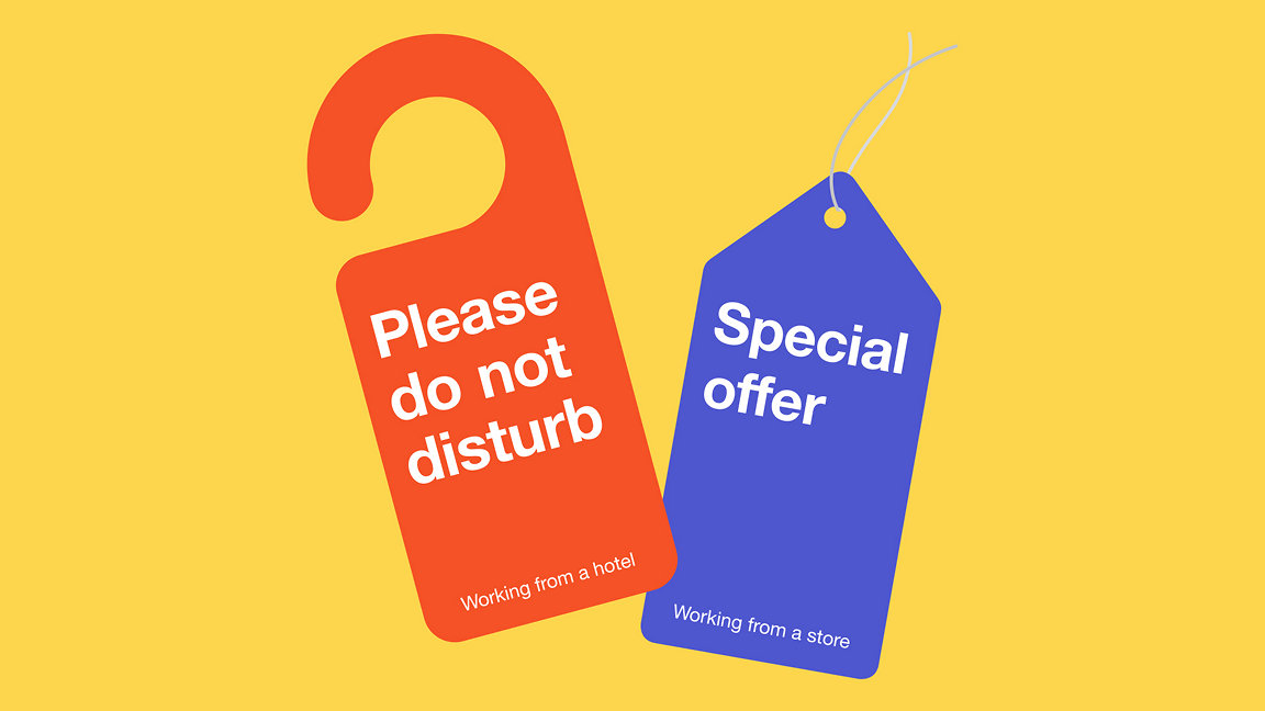 Do not disturb door sign and special offer shop ticket on yellow background