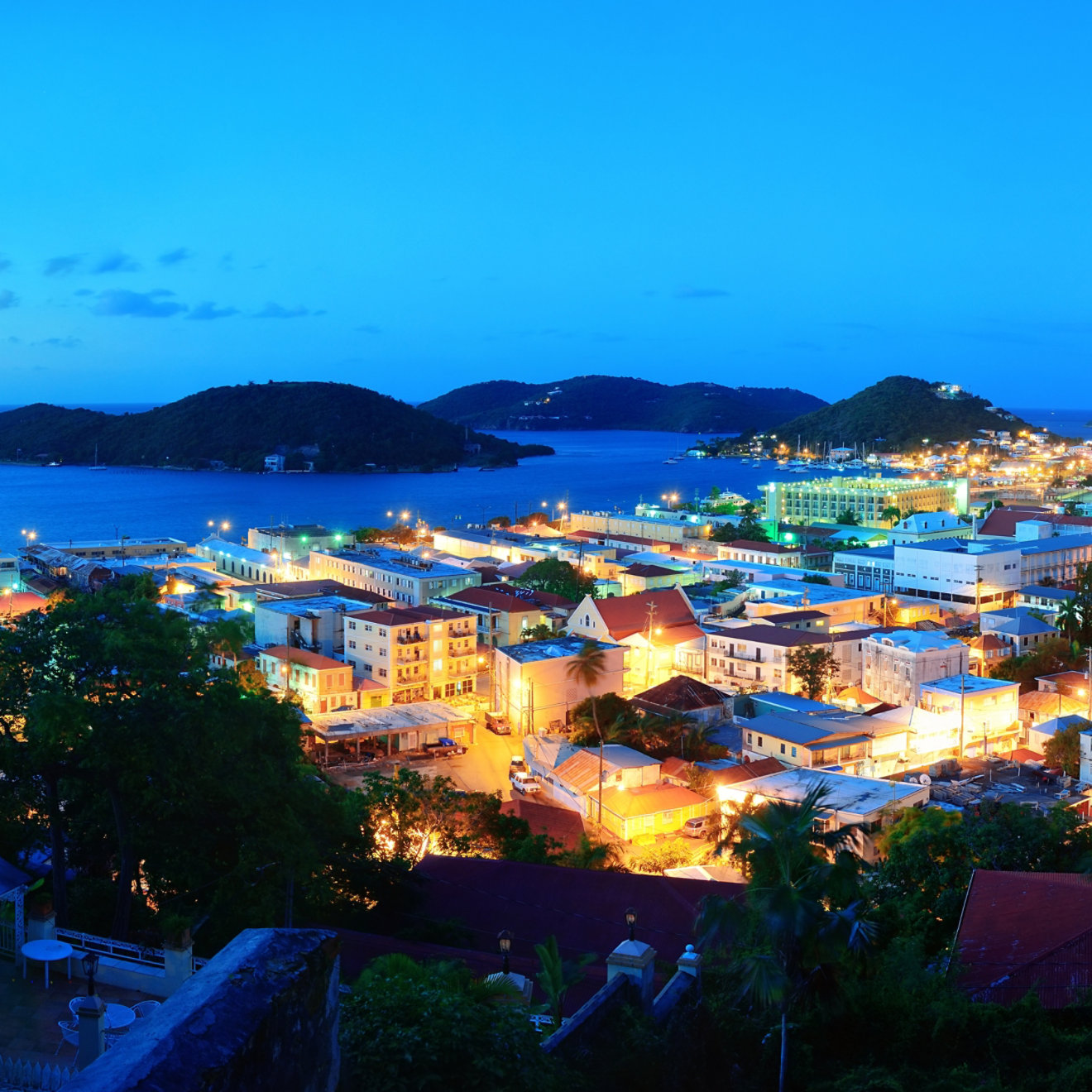 City at night time on the coast