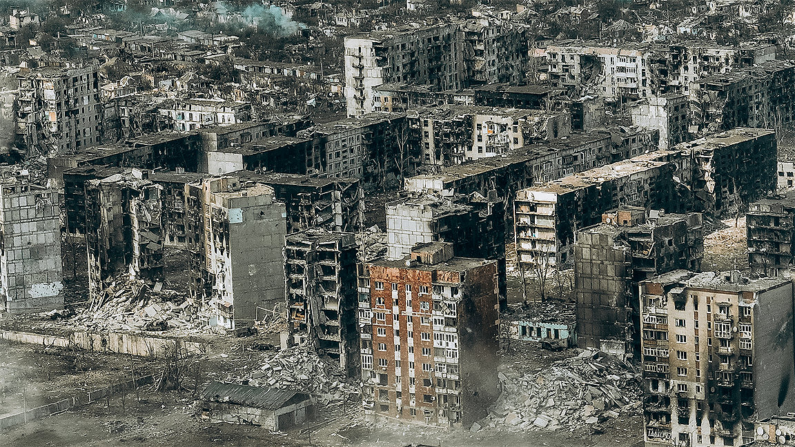 Destruction of buildings in city of Bakhmut, Ukraine