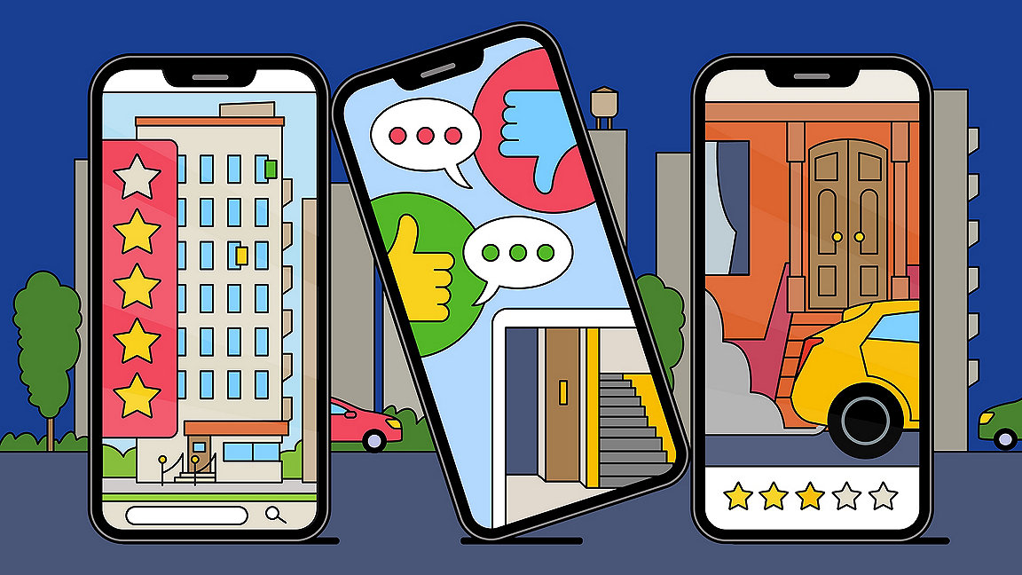 Three phones show star ratings for different housing