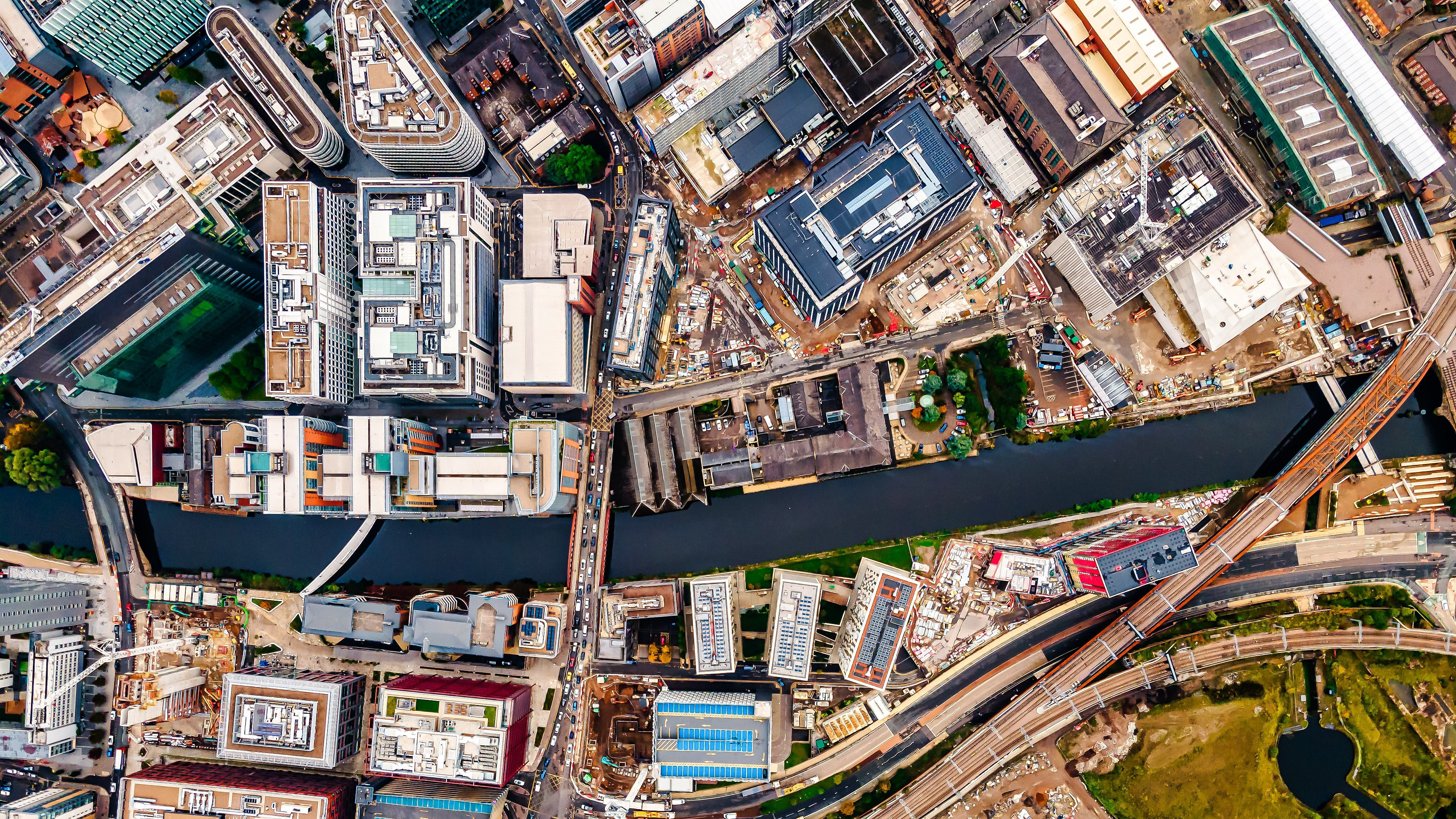 Aerial drone view of Manchester city in UK on a beautiful sunny day