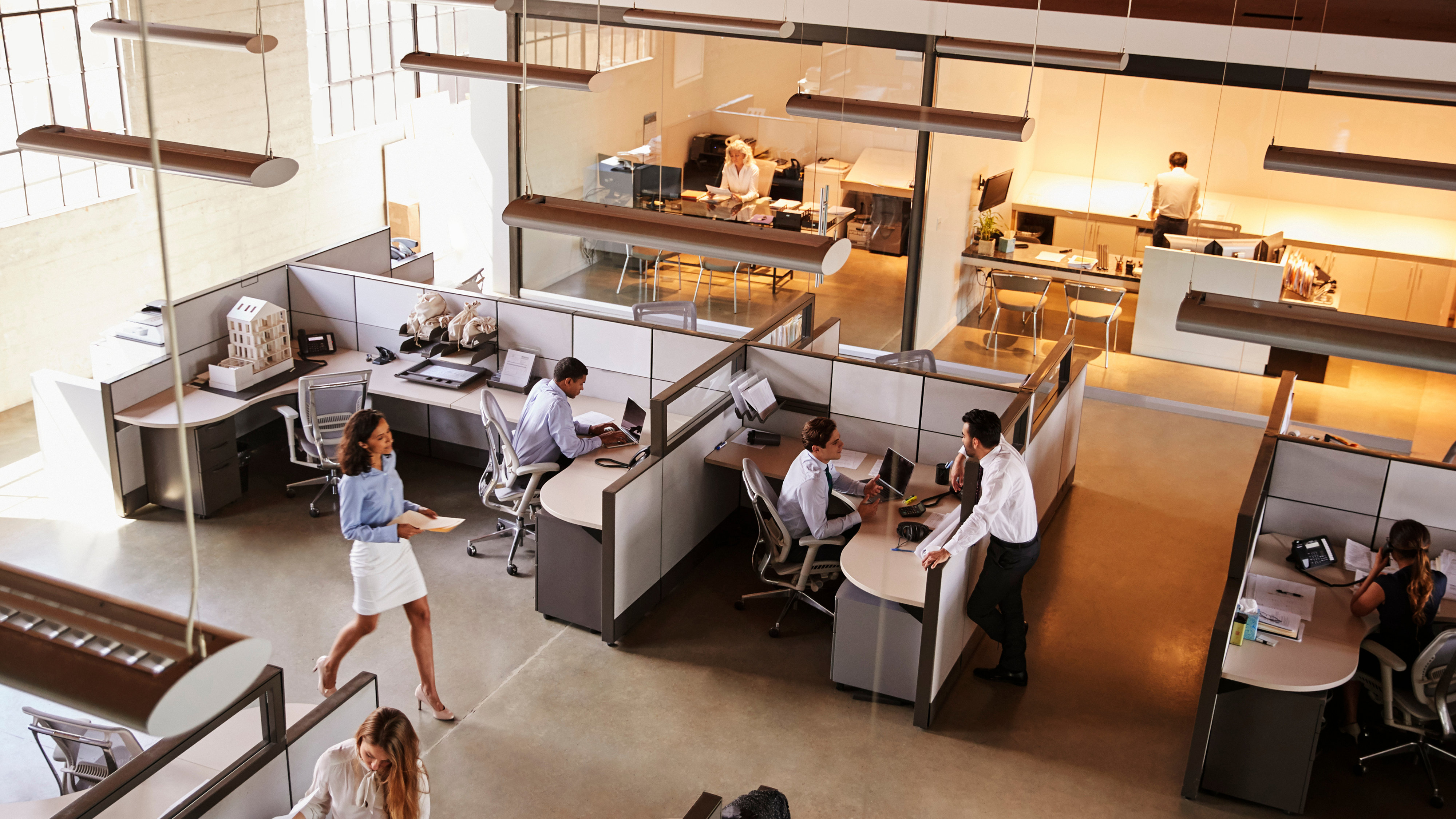 Overhead view of modern office with open plan and closed off space