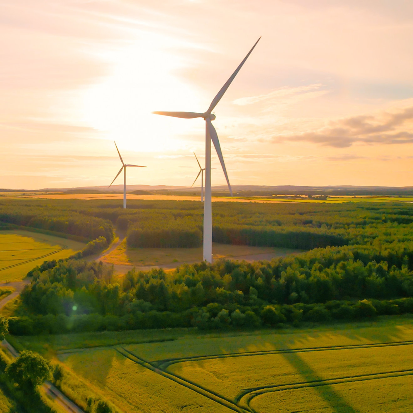 AERIAL, LENS FLARE: Colorful sunset sky above farmland and spinning windmills. Picturesque English countryside with tall modern power generation structures rising above beautifully landscaped fields.