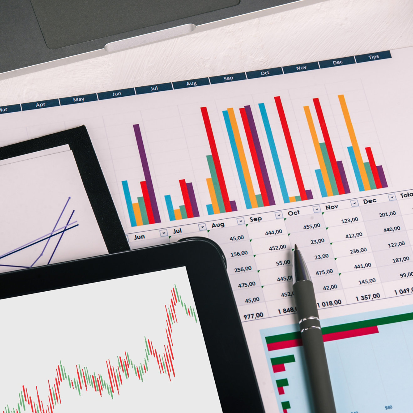 Desktop with documents, tablet and charts. Analytics of the company's activities. Budget planning, audit and tax calculation. The concept of issuing a loan and calculating salaries. Stock market.