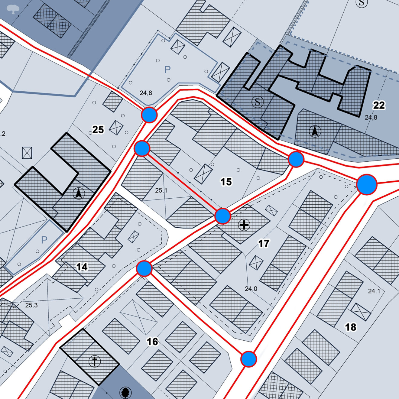 Layout of facilities and services systems, plant engineering located below street level - concept with imaginary cadastral map