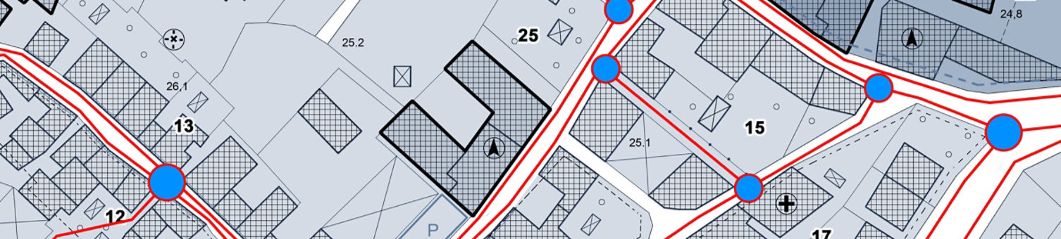 Layout of facilities and services systems, plant engineering located below street level - concept with imaginary cadastral map